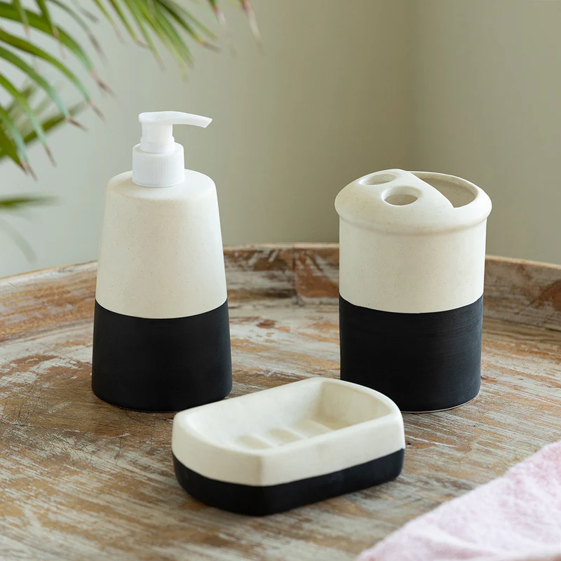 Classy Monochrome Handpainted Bathroom Set - Three Piece Set Ceramic